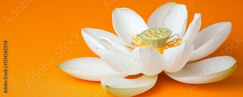 Elegant Lotus Flower Blossom on Vibrant Orange Backdrop in Serene Still Life Composition