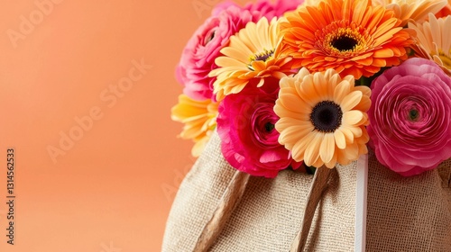 Vibrant Gerbera and Ranunculus Flower Bouquet in Burlap Bag