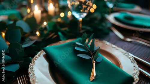 Elegant Emerald Green Table Setting with Greenery
