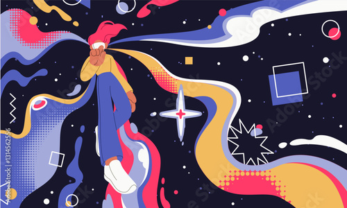 Future experience background. Space metaverse. Innovation cyber technology. Gaming glasses. Virtual reality gamers. VR simulator. Interactive game. Girl floating in zero gravity. Vector illustration