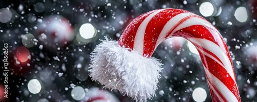 Festive Candy Cane with Santa Hat in Snowy Scene