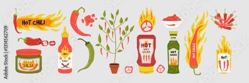 Spicy salsa. Bowl chili food. Kitchen fire. Cooking red tomato, pepper, spice, sauce in bottles, seasoning, hot paprika. Gourmet ingredient. Vector vegetable flame. Cartoon flat isolated illustration