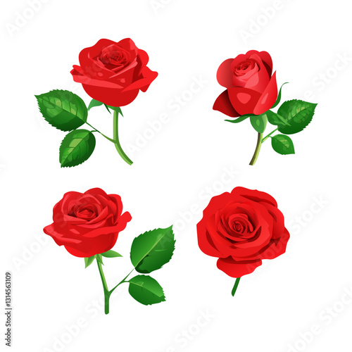"A Quartet of Crimson Blooms: Four exquisite red roses, with lush petals and vibrant green leaves, artfully arranged to showcase their delicate beauty, a symbol of love and passion."