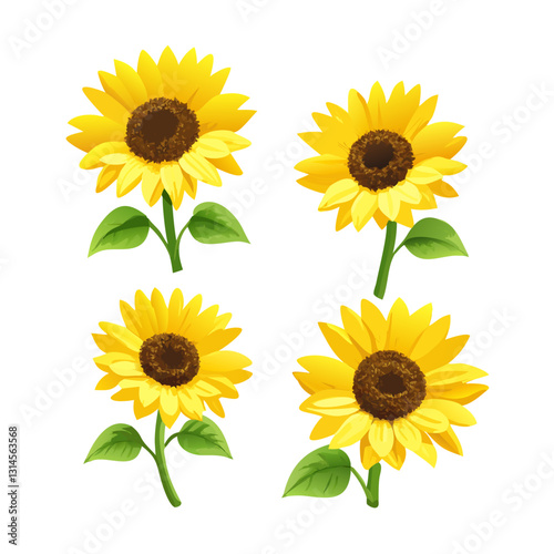 Sunflowers in Bloom: A vibrant collection of four hand-painted sunflowers in full bloom, showcasing their cheerful yellow petals and intricate details.  