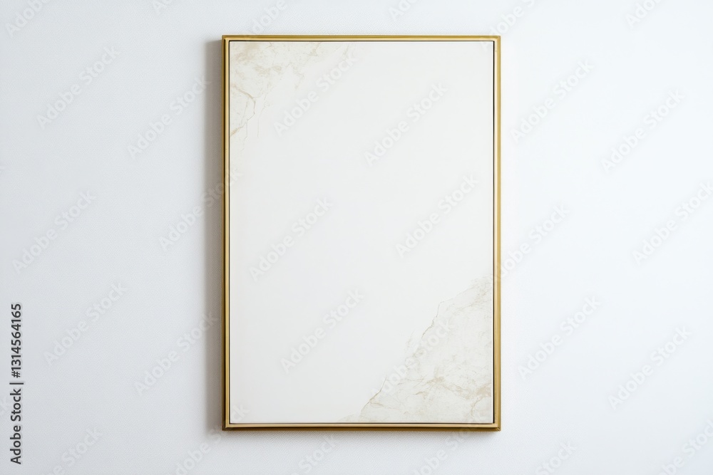 Modern vertical thin gold frame with blank white canvas against a soft gray wall in neutral tones Modern vertical thin gold frame with blank white canvas against a soft gray wall in neutral tones