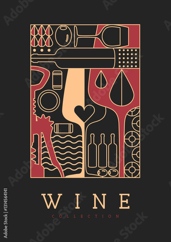 Modern line art magazine cover or poster with wine bottles and glasses. Restaurant menu design. Vector illustration