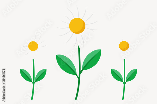 Floral Delight: A vibrant and cheerful illustration of three daisy flowers. The flowers and their leaves are designed with simplicity, showcasing bold colors, bringing a sense of joy and serenity.