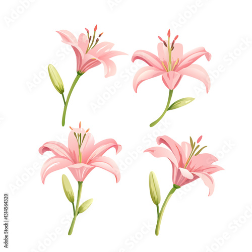 Ethereal Lily Quartet: An artistic watercolor arrangement, showcasing four delicate pink lily blooms in varying stages of blossom.