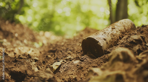 Unearthed Relics of the Past: Ancient Artifacts Partially Burged in Earth Amidst a Misty Forest Enveloped in Soft Focus and Historical Discovery Ambiance photo