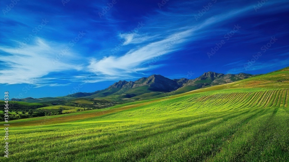 Fototapeta premium Stellenbosch Vineyards in Spring: Capturing the Vibrant Blues and Greens of the Season