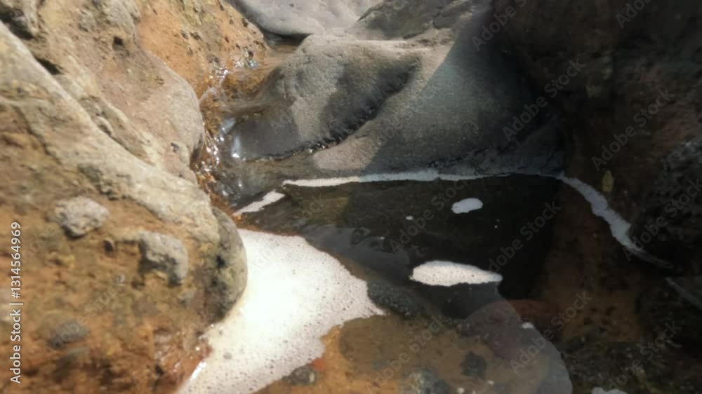 Slow motion of water and foam rotating in a spring. Spring water flowing into a river. Ecological and environmental concept. 4K footage Slow motion of water and foam rotating in a spring. Spring water flowing into a river. Ecological and environmental concept. 4K footage