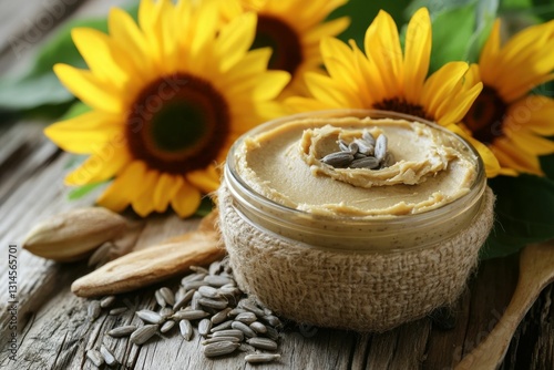 Sunflower Seed Butter. Organic Healthy Diet Food with Fresh Sunflower Seeds
