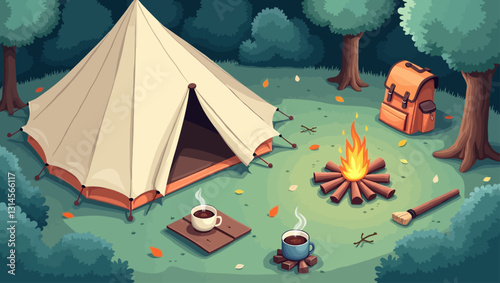  A cozy camping site surrounded by trees, with a campfire, backpack, and coffee cups, perfect for relaxation and outdoor enjoyment.