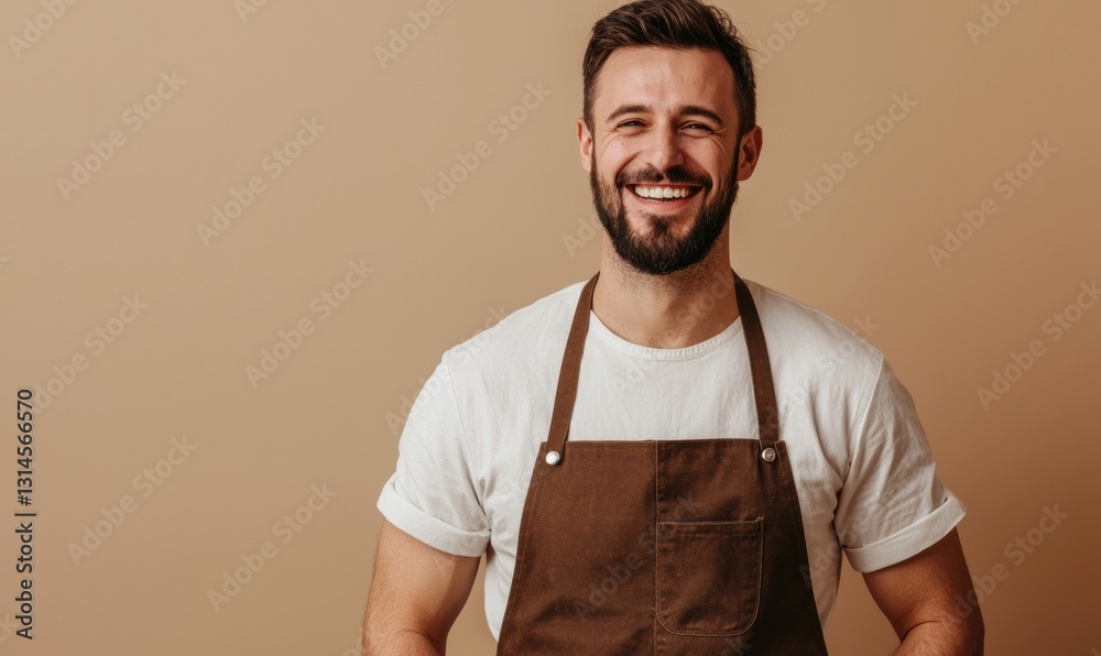 A smile male barista in a brown apron, standing against a warm beige background, cozy and modern aesthetic. A smile male barista in a brown apron, standing against a warm beige background, cozy and modern aesthetic.