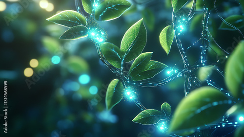 Realistic close-up animation of futuristic vines with glowing leaves wrapping around high-tech structures, absorbing and converting ambient energy into luminescent blooms 