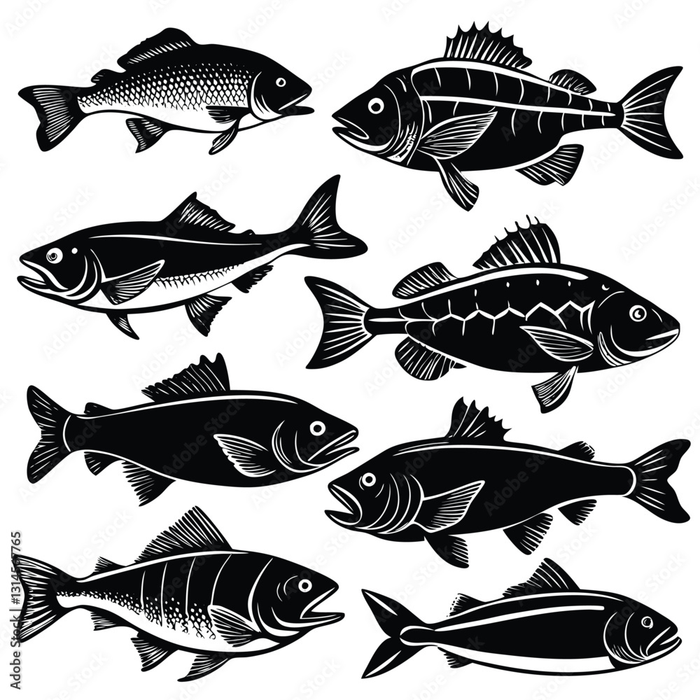 Simple Black Silhouette of Various Fish Species Simple Black Silhouette of Various Fish Species