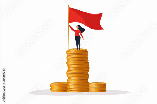 Illustration of a woman standing triumphantly atop a stack of gold coins, holding a red flag, symbolizing financial success and achievement.