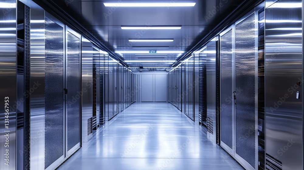 Fototapeta premium Data Center Hallway with Rows of Server Racks and Metallic Finish