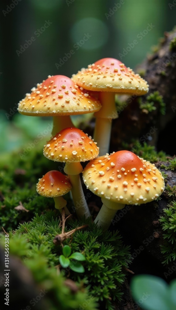 Obraz premium A bed of giant mushroom caps nestled among ferns and moss, organic, lichen
