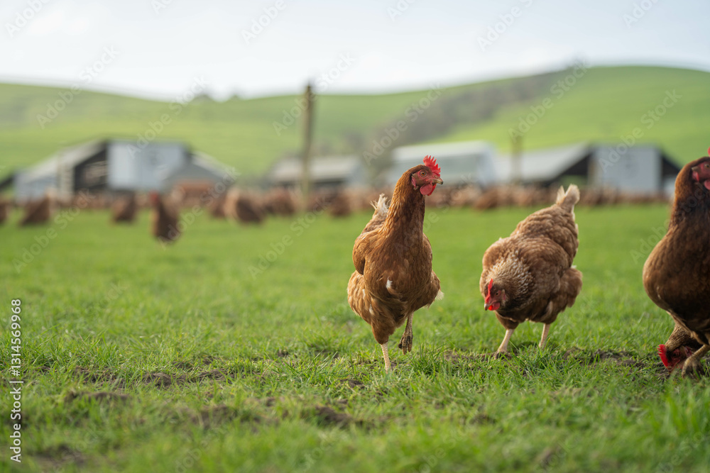 Fototapeta premium free range poultry farm with chook tractors and chickens on pasture grass