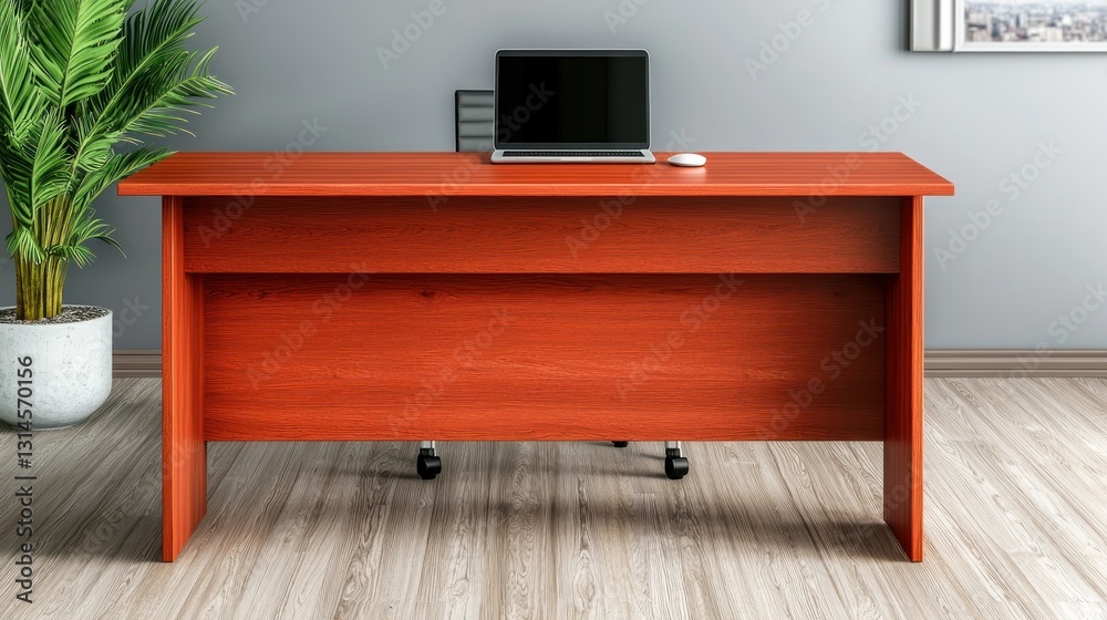 Red Wooden Desk in Modern Office Setting Red Wooden Desk in Modern Office Setting