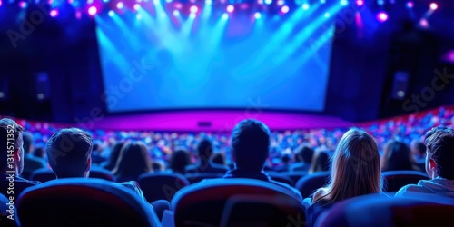 A vibrant theater scene with an audience eagerly awaiting a performance, illuminated by colorful stage lights.
