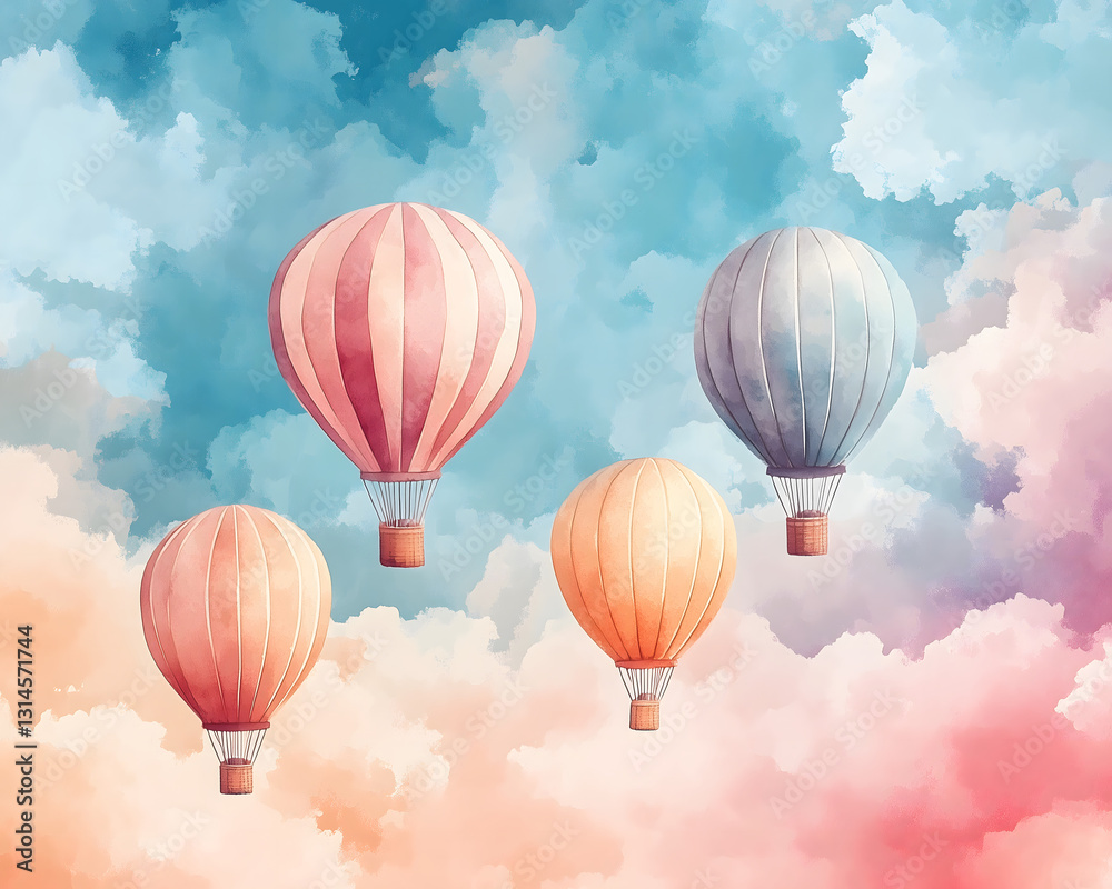 Obraz premium Colorful hot air balloons fly through a summer sky filled with fluffy clouds