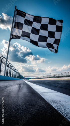 Waving checkered flag at the finish line on a sunny day, capturing the excitement and triumph of motorsport racing and competition