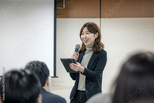 A professional woman in a black blazer confidently speaks into a microphone while holding a tablet, addressing an engaged audience in a business seminar