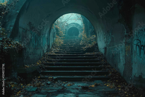 Dark tunnel with stairs leading up to entrance.