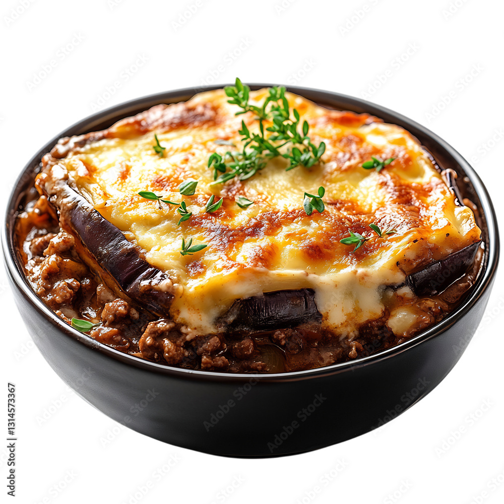 A Bowl of Greek Moussaka Layered Casserole with Eggplant Isolated on Transparent Background