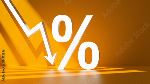 White percentage sign with downward arrow on yellow background, illustrating declining rate or discount.  Symbol of economic downturn or price reduction. Free space for text