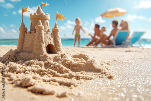 Wallpaper Mural Sand castle with family and ocean in the background. Generative AI Torontodigital.ca