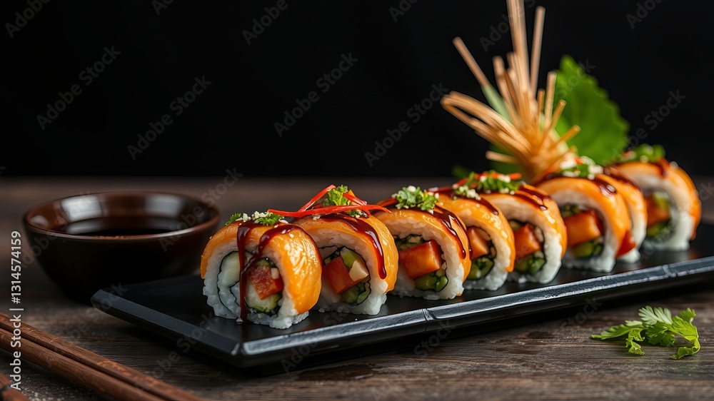 Deliciously Crafted Plate of Su Sui Rolls Elegantly Presented with Chopsticks on a Rustic Wooden Table Deliciously Crafted Plate of Su Sui Rolls Elegantly Presented with Chopsticks on a Rustic Wooden Table