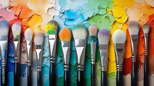 A dazzling display of paintbrushes erupting with bright colors on a multicolored palette