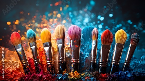 A dazzling display of paintbrushes erupting with bright colors on a multicolored palette