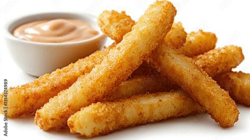 A close-up of a few with a dipping sauce on a white background, capturing the contrast between the golden fries and the creamy sauce. A close-up of a few with a dipping sauce on a white background, capturing the contrast between the golden fries and the creamy sauce.