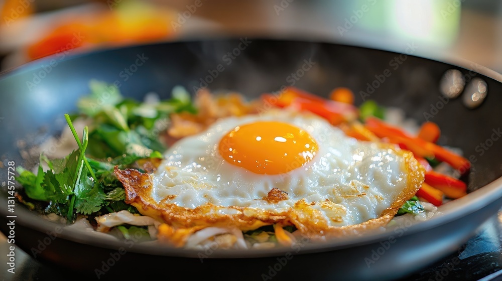 Φωτογραφία A close-up of a sizzling pan of Thai-style fried eggs  with crispy edges and a runny yolk, served with a side of pickled vegetables and fresh herbs