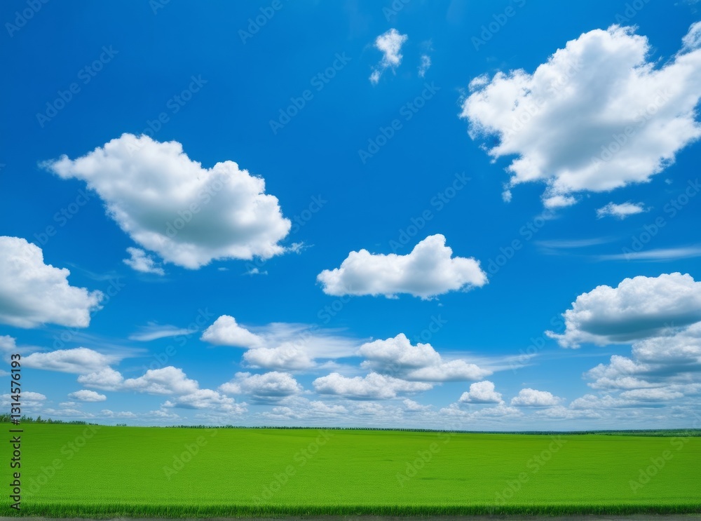 A large expanse of vibrant green grass stretches under a clear blue sky filled with fluffy white clouds. The scene captures the beauty of a sunny day in a serene rural environment A large expanse of vibrant green grass stretches under a clear blue sky filled with fluffy white clouds. The scene captures the beauty of a sunny day in a serene rural environment