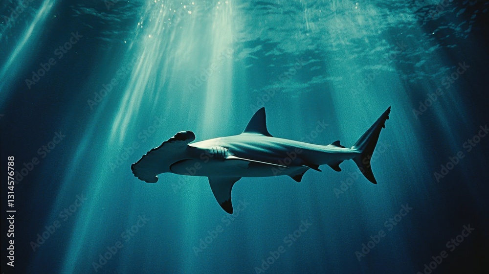 Obraz premium A hammerhead shark gliding silently in the depths, completely alone.
