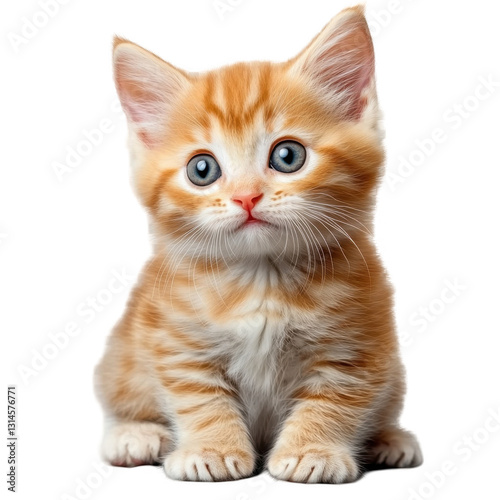 Adorable fluffy orange kitten with blue eyes sitting calmly