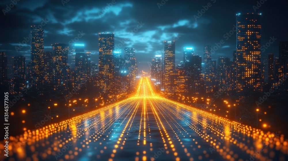 Naklejka premium Futuristic Cityscape: Illuminated Highway Leading to a Glowing Metropolis at Night
