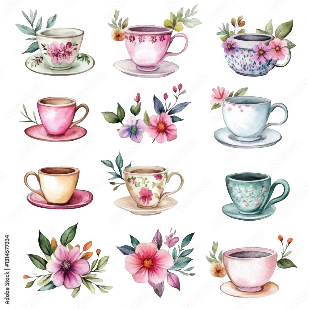 Elegant Floral Tea Cups Collection with Various Designs and Colors Elegant Floral Tea Cups Collection with Various Designs and Colors