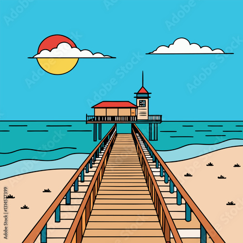 Boardwalk and pier on the beach across the ocean.