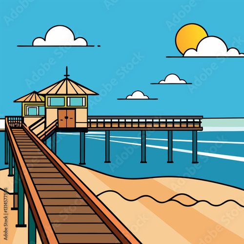 Boardwalk and pier on the beach across the ocean.
