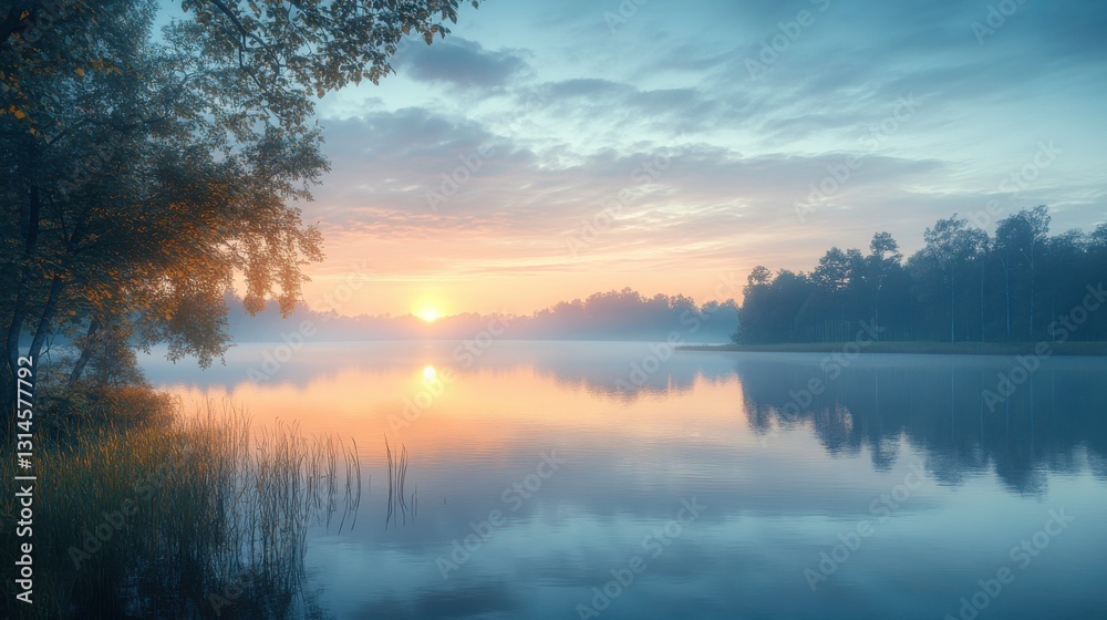 A serene lake at sunrise, surrounded by lush trees and mist, reflecting soft colors of dawn in tranquil waters. A serene lake at sunrise, surrounded by lush trees and mist, reflecting soft colors of dawn in tranquil waters.