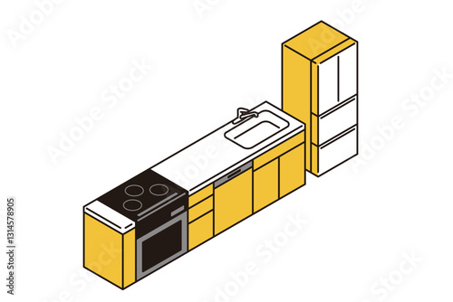 冷蔵庫とシステムキッチンを備えた調理場のシンプルなアイソメトリックイラスト