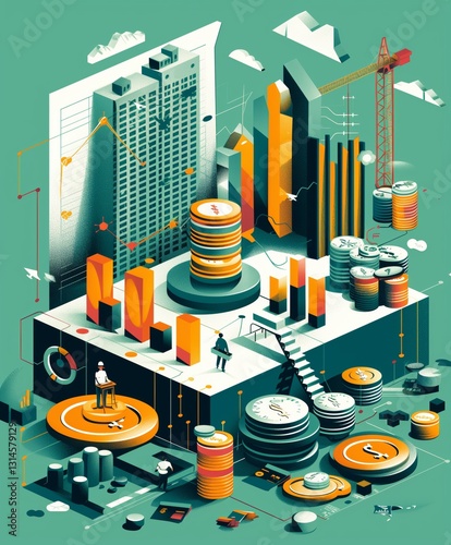 An isometric illustration depicting a financial scene with buildings, coins, graphs, and a crane, symbolizing growth, investment, and economic progress.