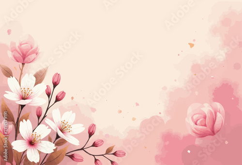 Watercolor cherry blossom corner on soft pink background