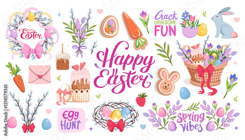 Happy Easter set. Spring collection of flowers and decorations, lettering. Basket with Easter eggs and cake. Willow branch, flowers and nest. Handmade cookies. Vector flat illustration.